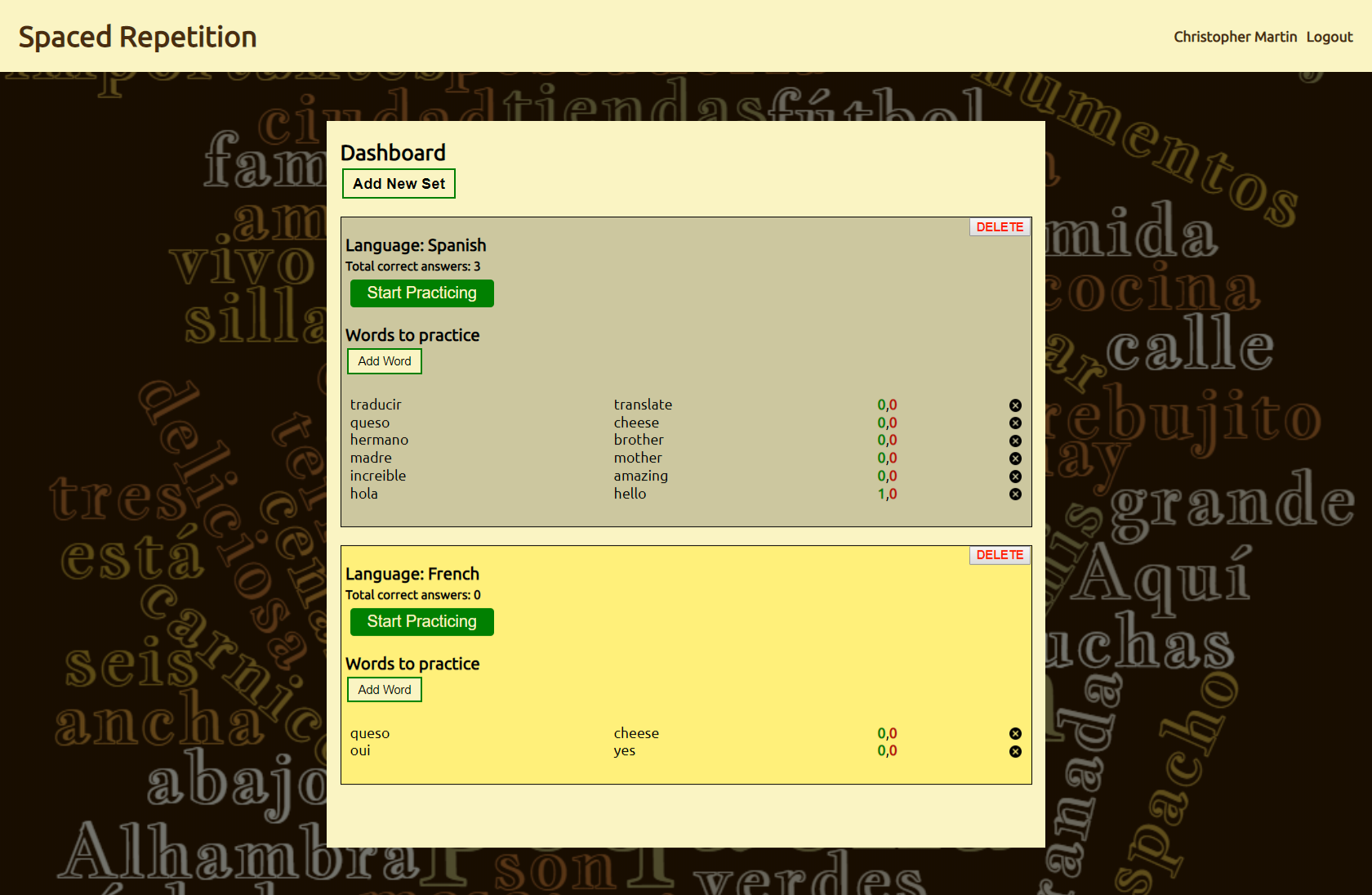 A browser screenshot of the Spaced Repetition App